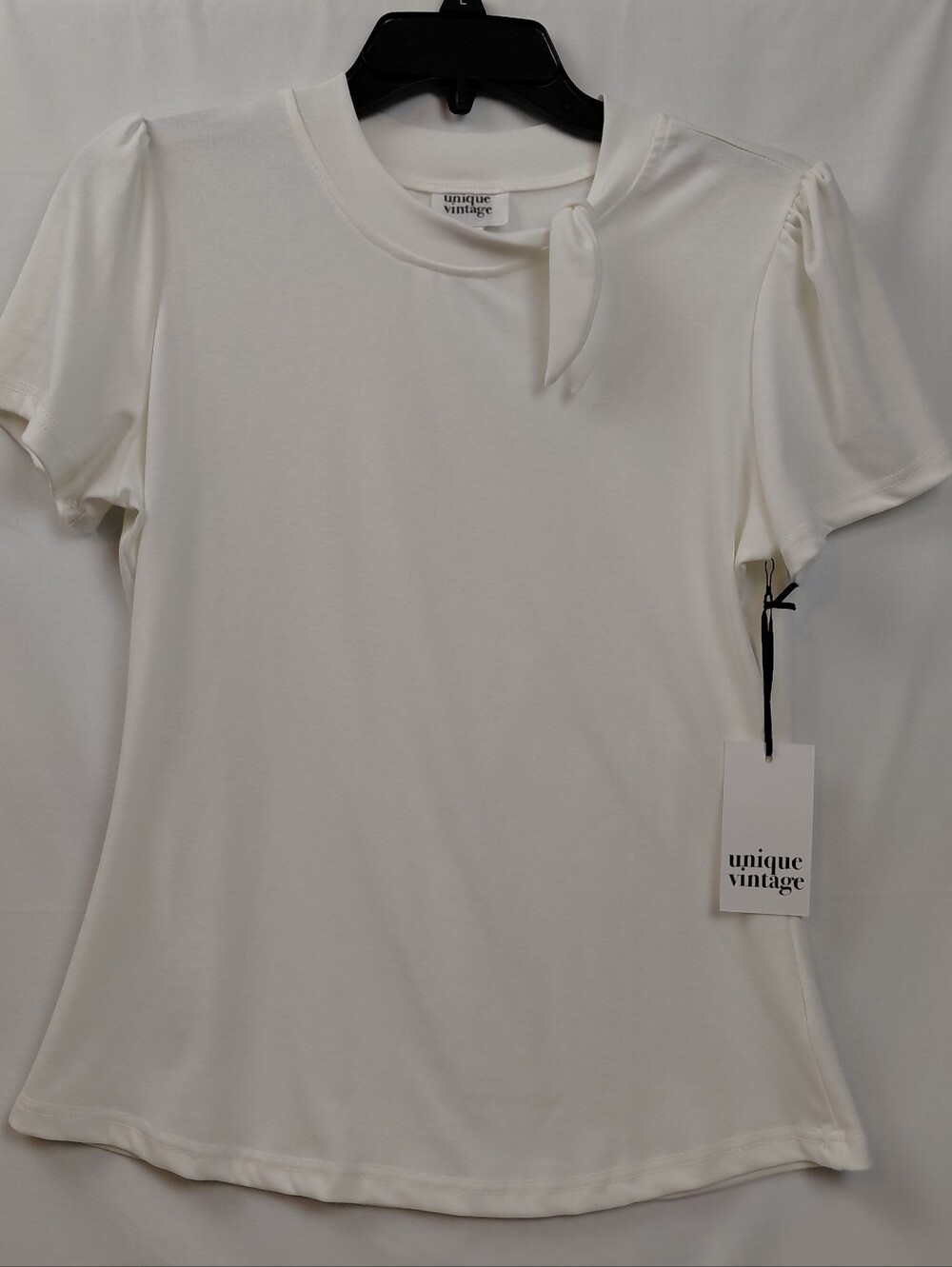 Unique Vintage Tie Neck Blouse Size Large NWT Puffed Short Sleeve White